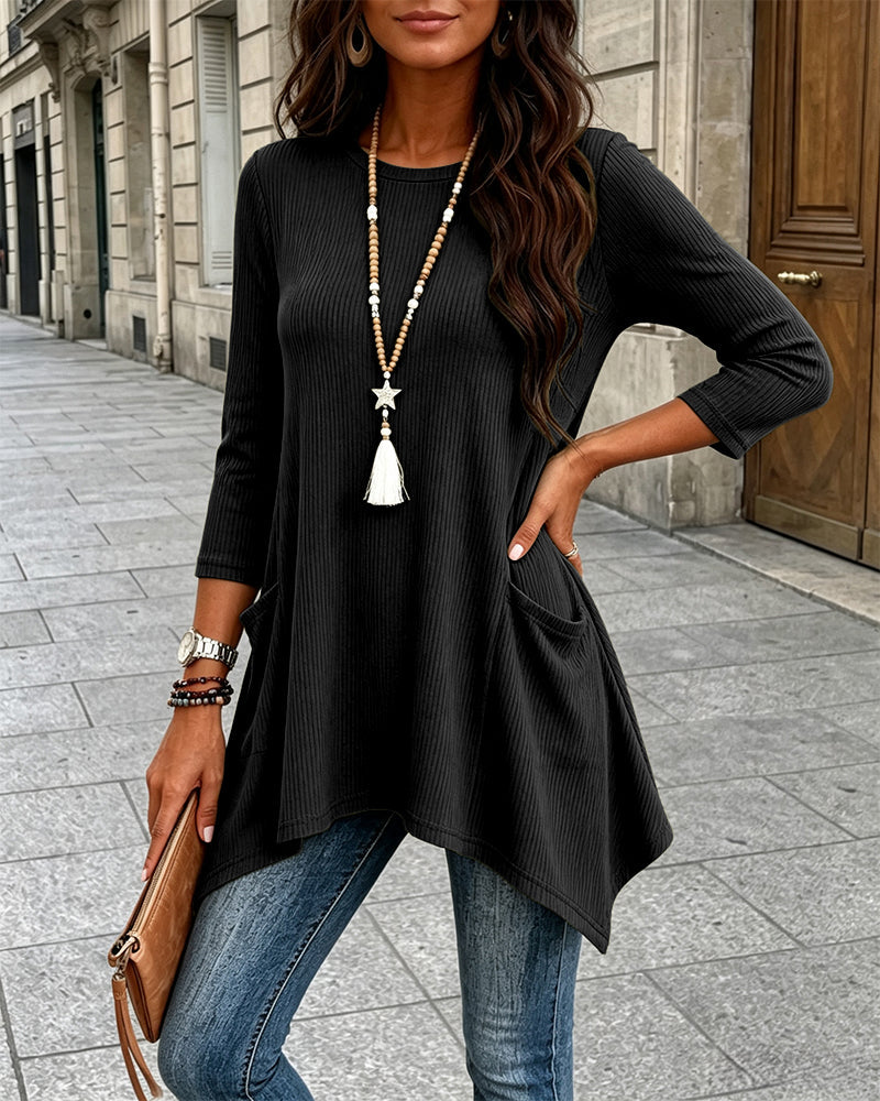 Women's Ribbed Asymmetrical Hem Top Crewneck Three Quarters Sleeve A-Line Casual Top