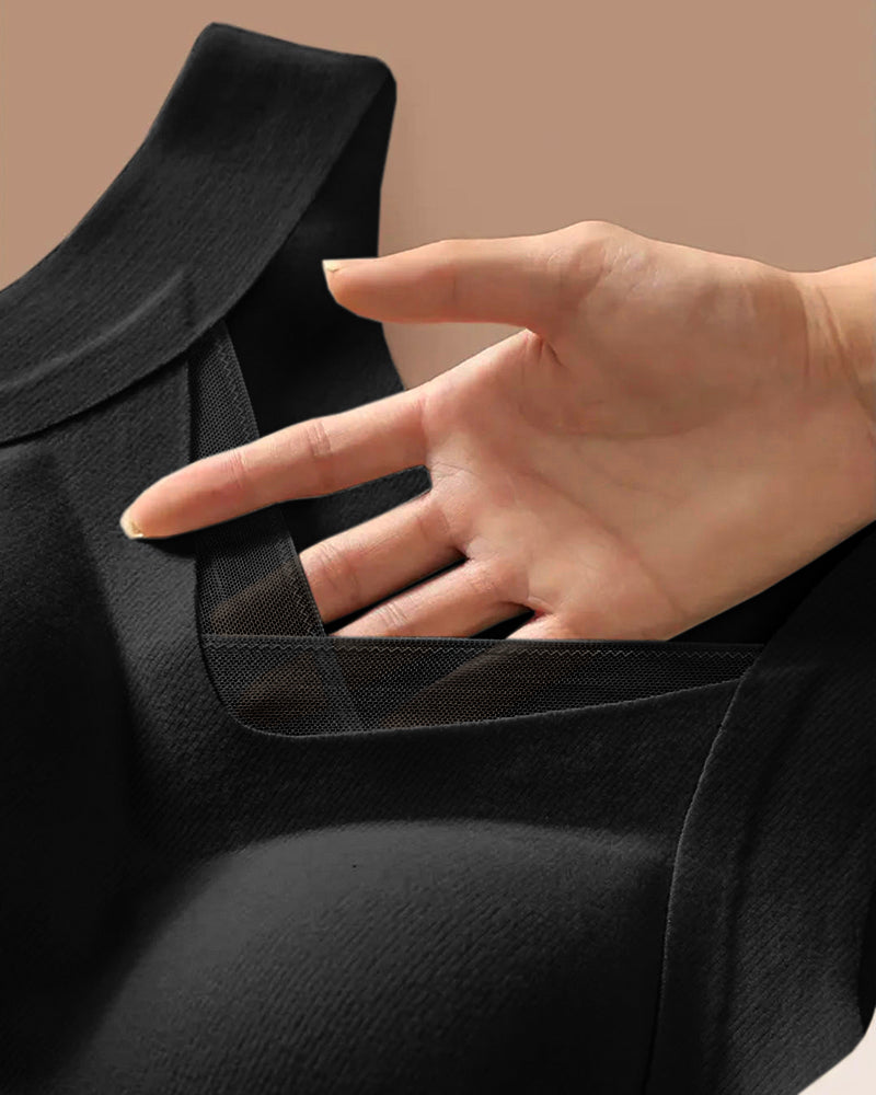 Sheer Mesh Spliced V Neck Sleeveless Built In Bra Tank Casual Warm Fleece Lined Slim Fit Top