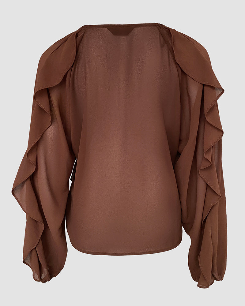 V Neck Shoulder Ruffles Design Blouse Casual Button Front Long Sleeve Top