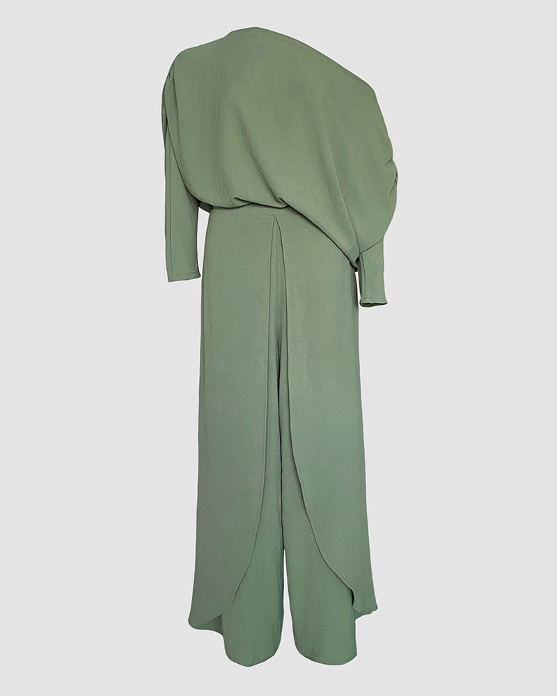 2 Pieces Outfit Cold Shoulder Ruched Batwing Sleeve Top and Casual Elastic Back Wrapped Slit Wide Leg Pants Set
