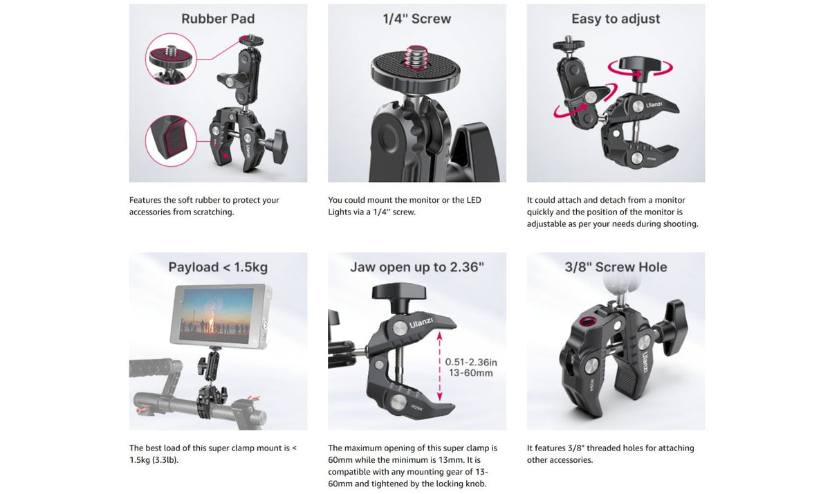 ULANZI Super Clamp 360° Ballhead Magic Arm Double Ball Head Camera Mount with 1/4"-20 & 3/8"-16 Thread for Canon Nikon DSLR