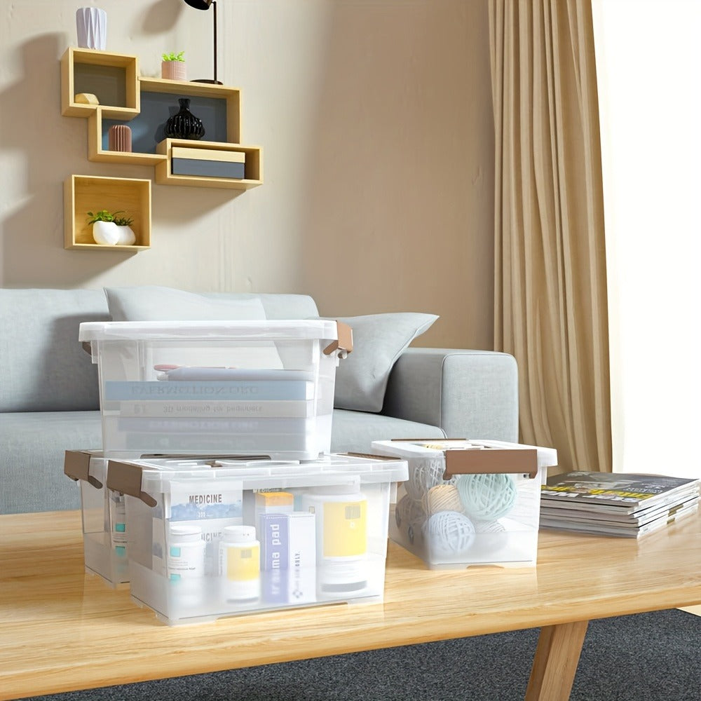 Storage Bins for Small-Item Organization, Six-Pack Clear Stackable Boxes with Brown Latches and Lid Handles