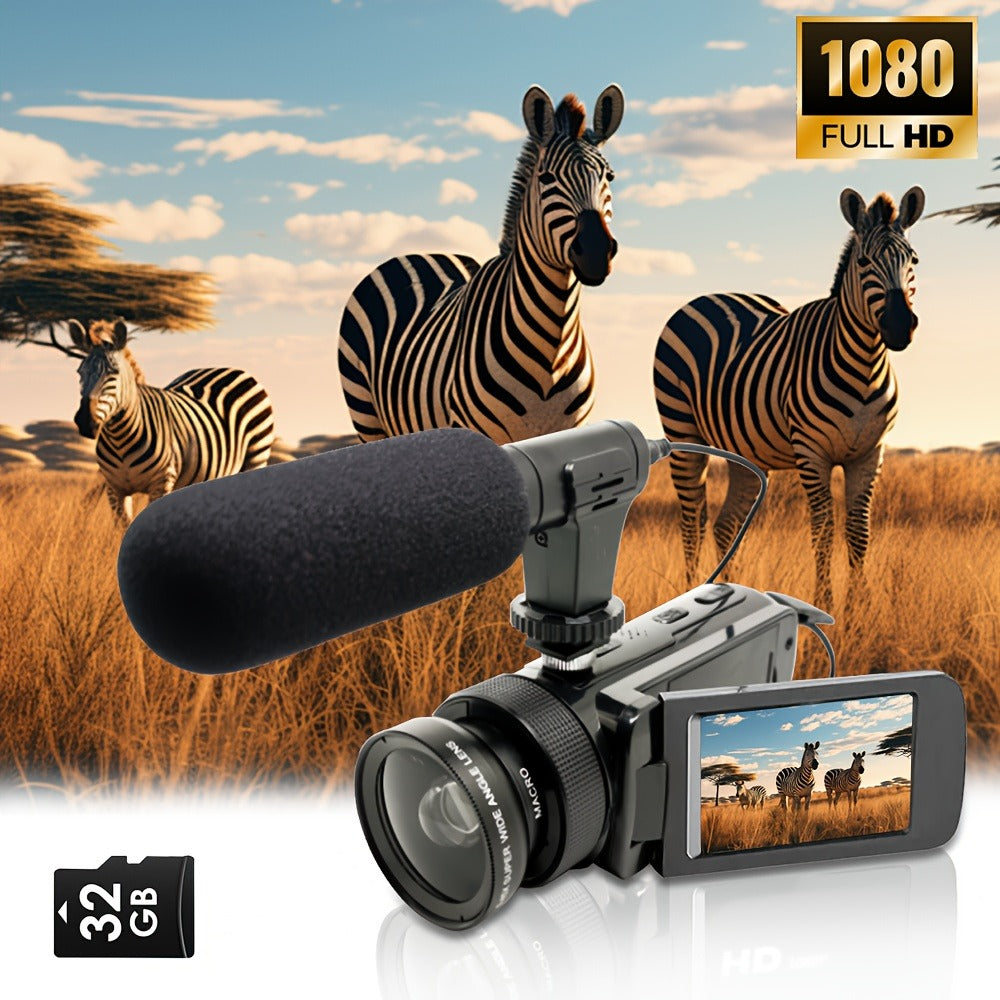 Digital Video Camera HD 1080P for Family with Flip Screen & External Microphone, 16MP 16X Zoom Compact Camcorder