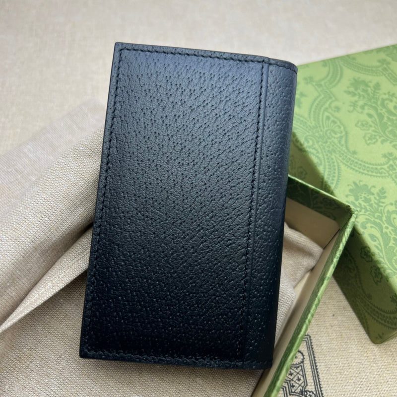 Gucci Interlocking GG Card Holder Wallet – Black Pebbled Leather Silver Hardware
