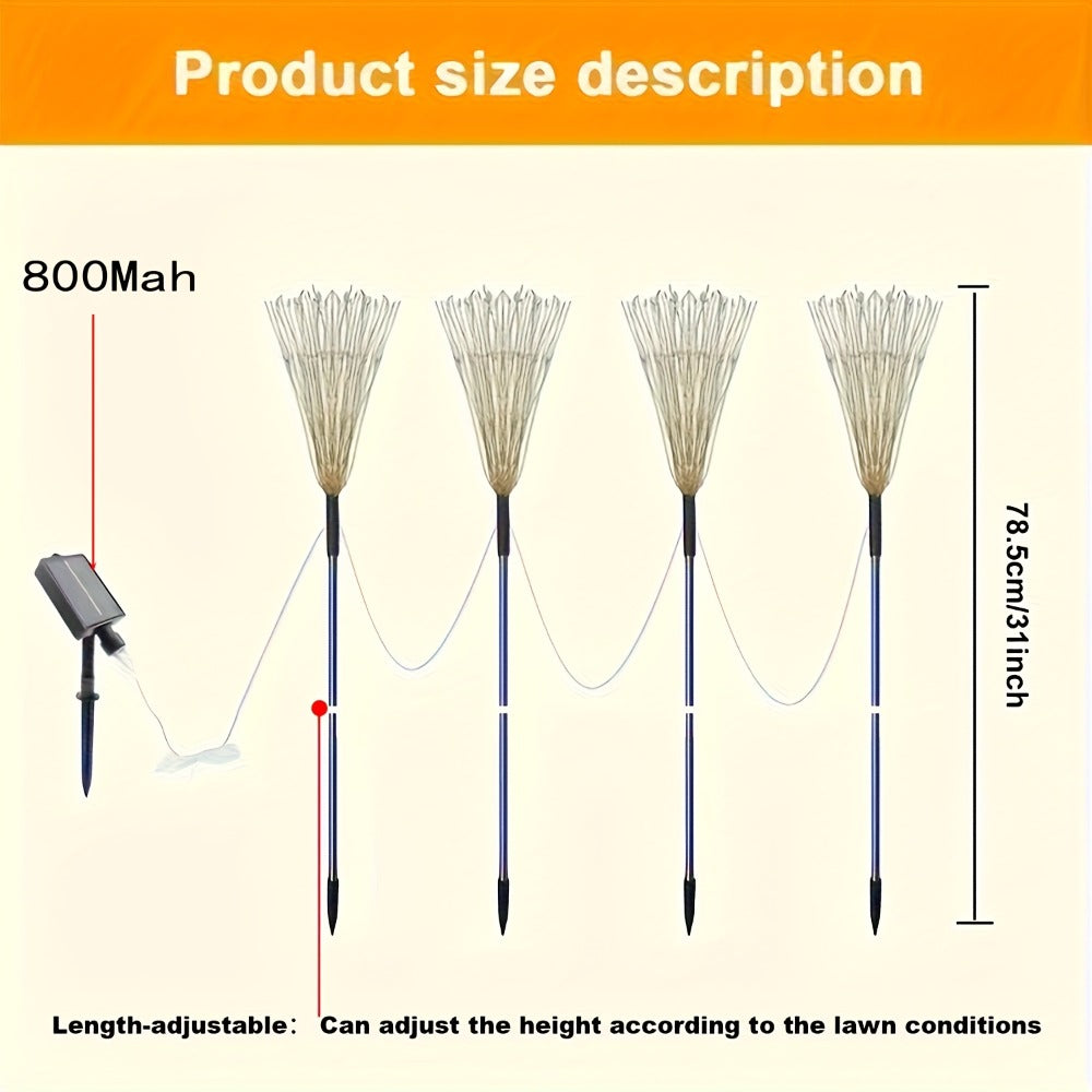 Solar Garden Lights, Four-Pack Firework-Style Outdoor Stakes with Eight Modes and Multicolor LEDs