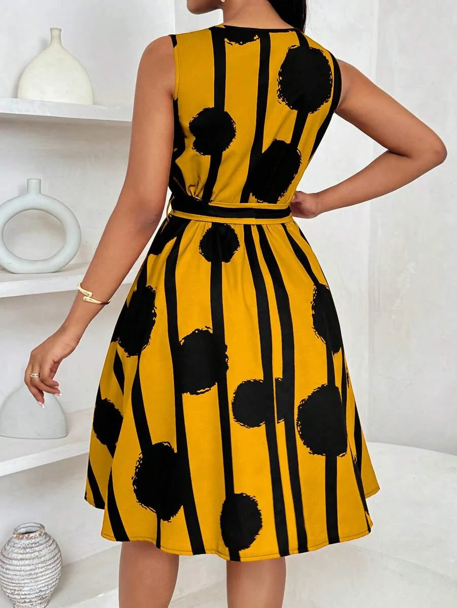 Eleanor | Kleid mit Bindegürtel und auffälligem Druck
