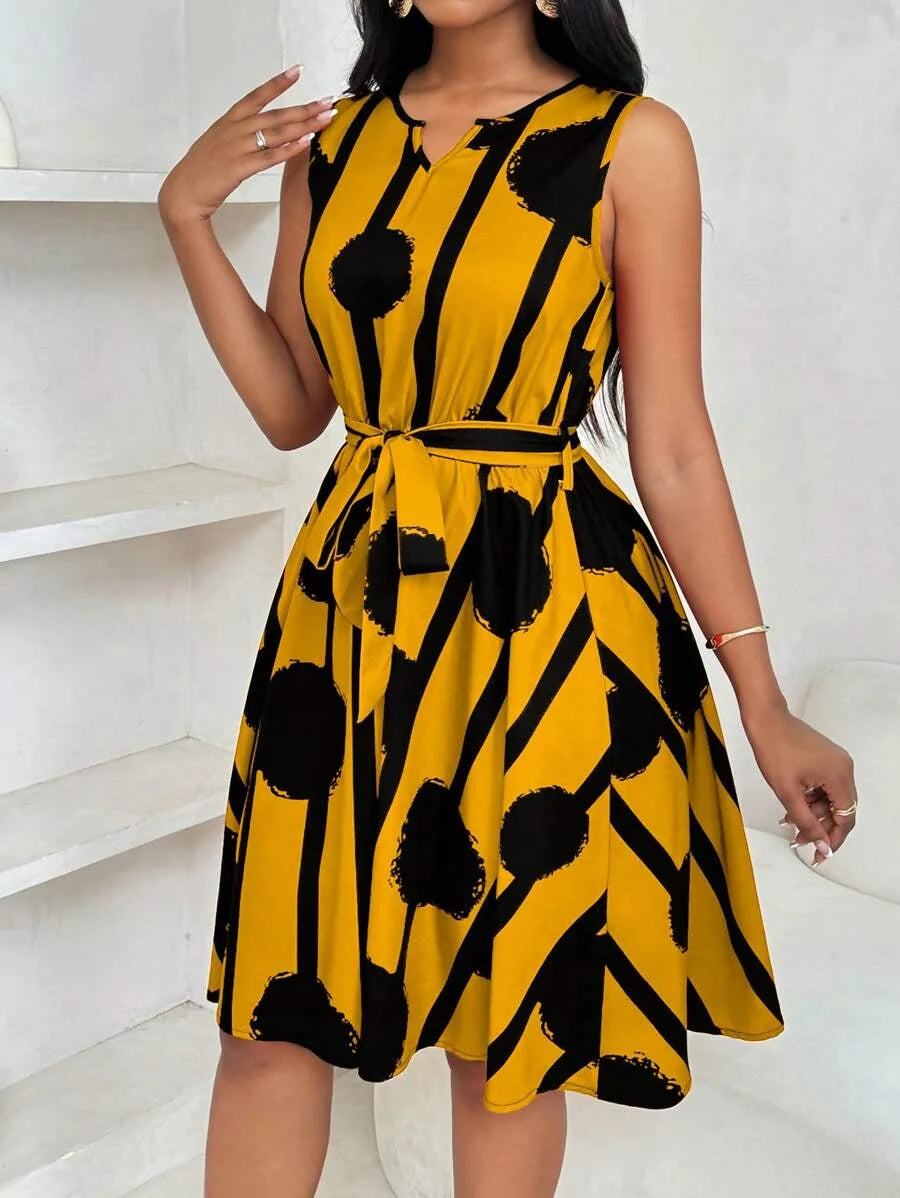 Eleanor | Kleid mit Bindegürtel und auffälligem Druck