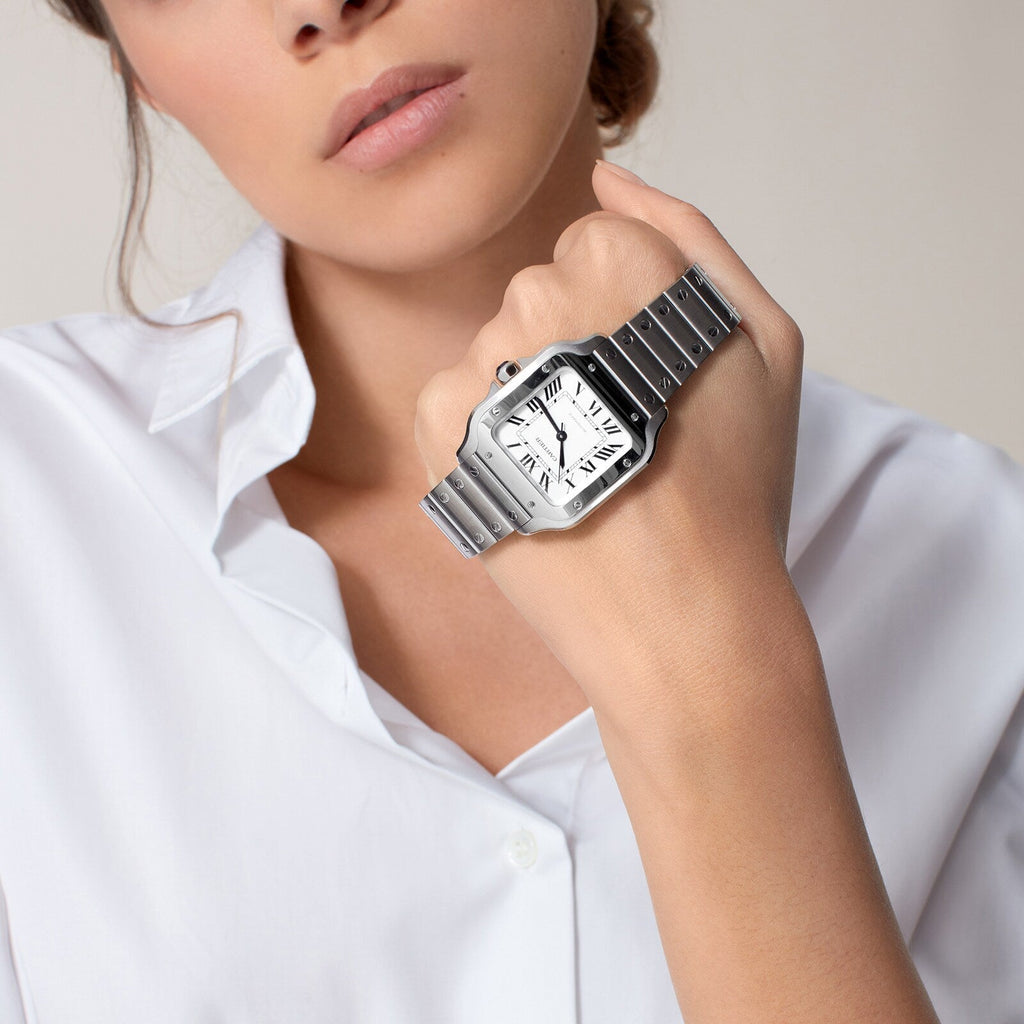 Santos de Cartier mittleres Modell | 35 mm, Stahl, silbernes Zifferblatt