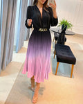 Ombre Deep V Neck Long Sleeve Pleated Mid-length Dress With Chain Decor Belt