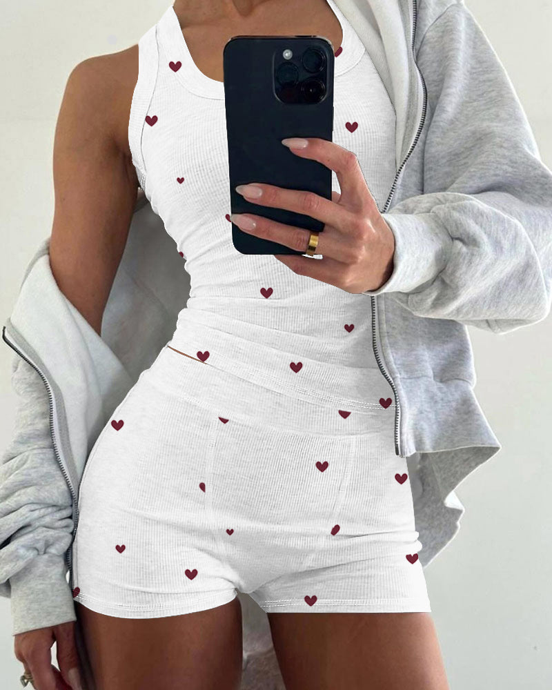 2 Pieces Outfit Heart Print U Neck Sleeveless Tank Top And Casual Strechy Waist Shorts Set Slim Fit Ribbed Pajamas Set
