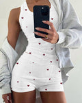 2 Pieces Outfit Heart Print U Neck Sleeveless Tank Top And Casual Strechy Waist Shorts Set Slim Fit Ribbed Pajamas Set