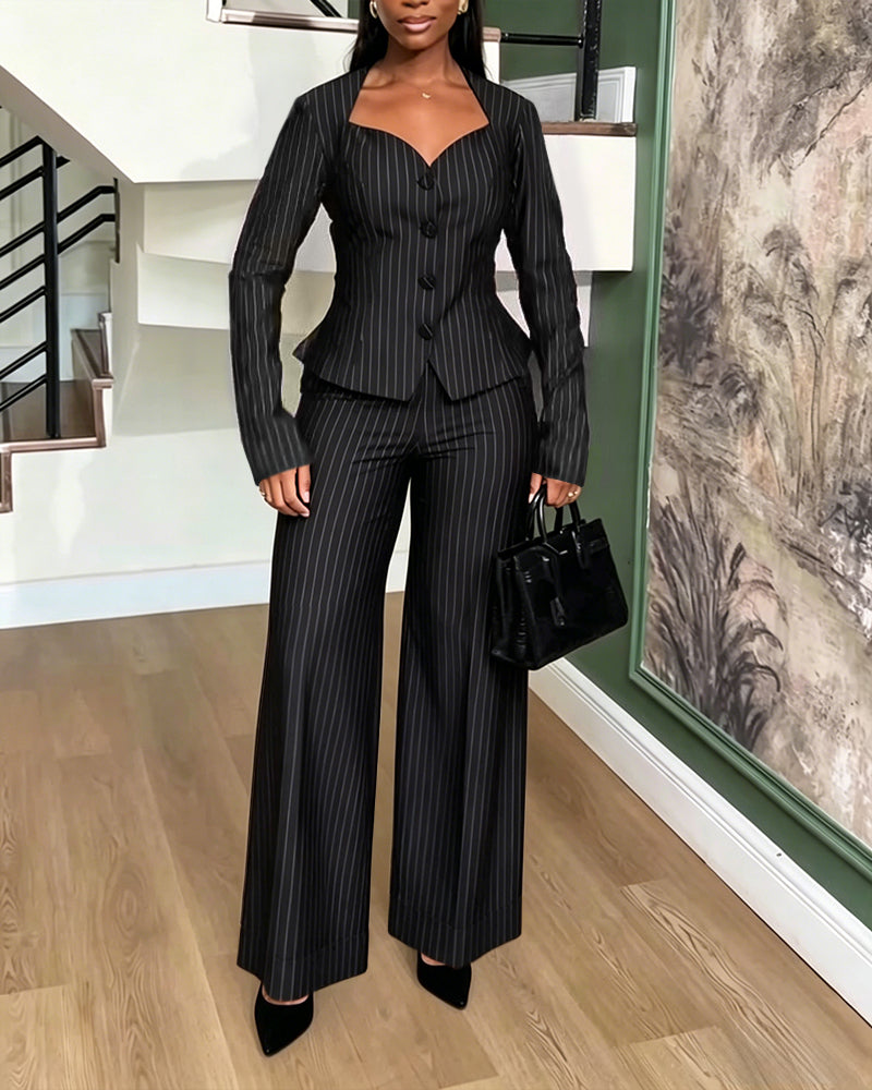 Damen-Zweiteiler mit Streifen, eleganter Peplum-Blazer mit herzförmigem Ausschnitt und High-Waisted-Hose mit weitem Bein, Business-Outfit