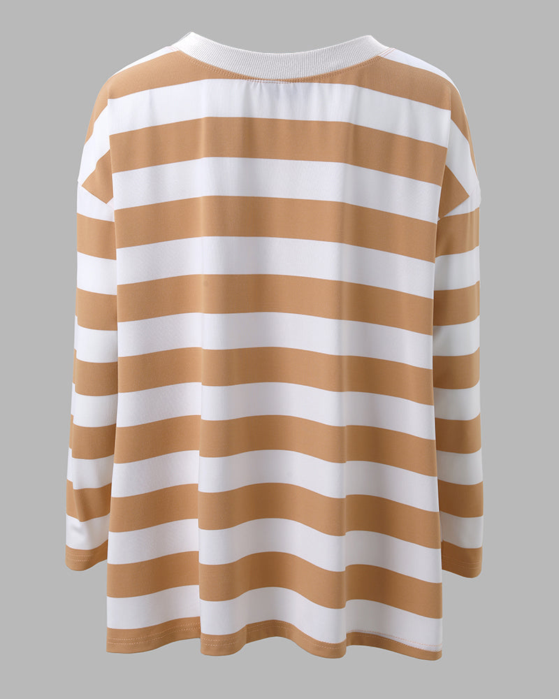 Women's Striped T Shirt Long Sleeve Drop Shoulder Crewneck Tee Side Slit Casual Loose Fit Top