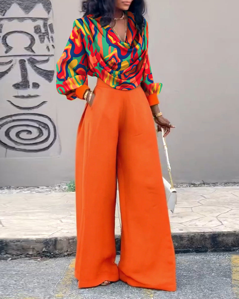 2 Pieces Outfit Multi-color All Over Print Cowl Neck Lantern Sleeve Stretchy Hem Loose Crop Top and Casual Elastic Back Waist Wide Leg Pants Set