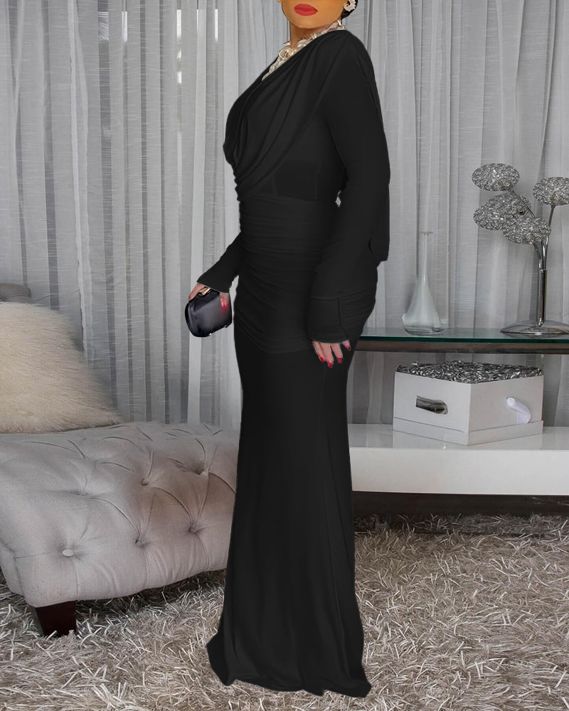 Cowl Neck Ruched Zipper Back Slim Fit Maxi Dress Casual Padded Shoulders Backless Evening Dress