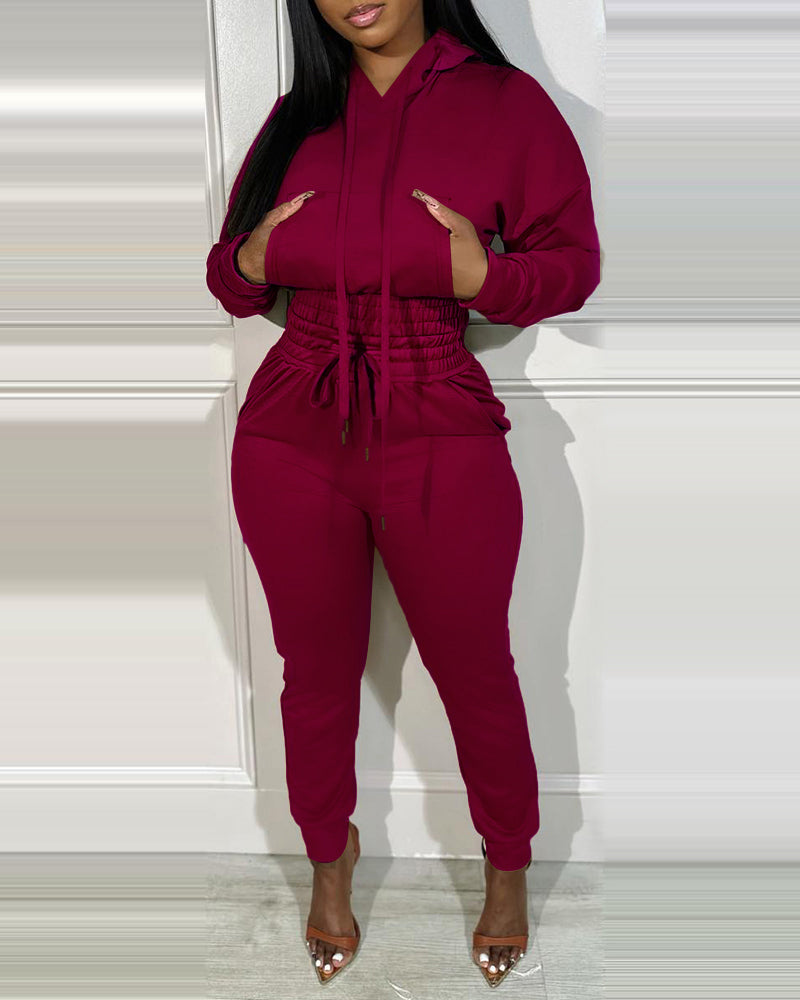 2 Pieces Outfit Drop Shoulder Kangaroo Pocket Stretchy Hem Crop Drawstring Hoodie Sweatshirt And Drawstring Elastic Waist Jogger Sweatpants Casual Tracksuit