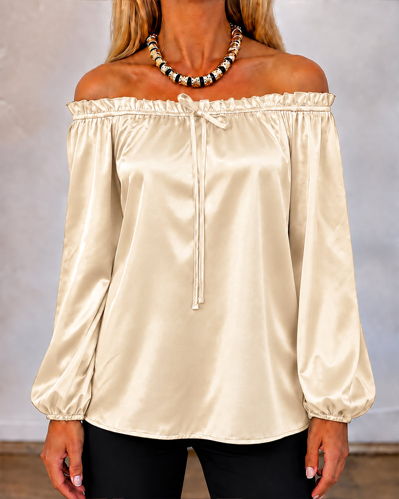 Women's Off Shoulder Satin Frill Trim Tie Front Lantern Sleeve Top