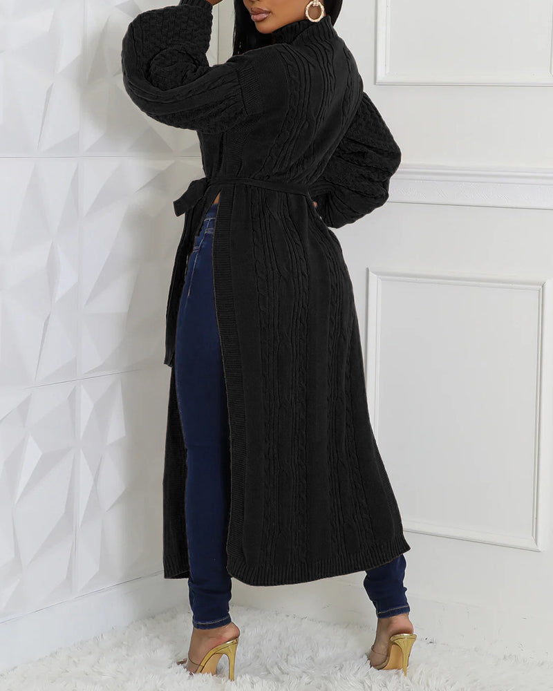 Cable Textured High Neck Lantern Sleeve Bow Tie Waist Sweater Casual High Slit Knit Longline Top
