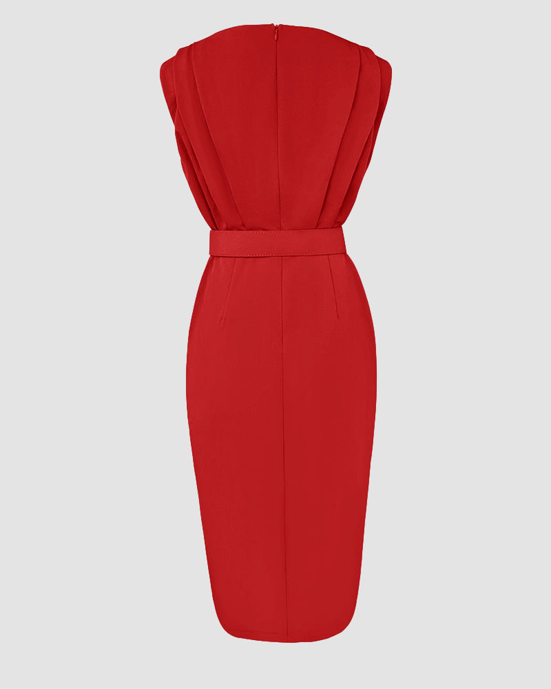 Round Neck Sleeveless Waist Ruched Slit Dress