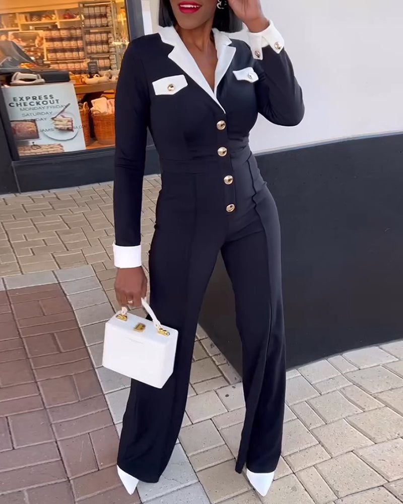 Colorblock Notched Collar Long Sleeve Golden Button Front Overalls Slim Fit Seam Front Wide Leg Commuting Jumpsuit