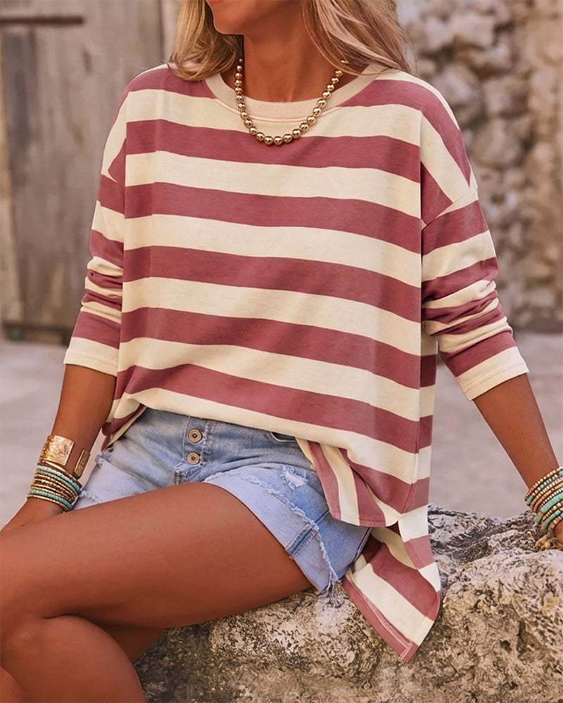 Women's Striped T Shirt Long Sleeve Drop Shoulder Crewneck Tee Side Slit Casual Loose Fit Top