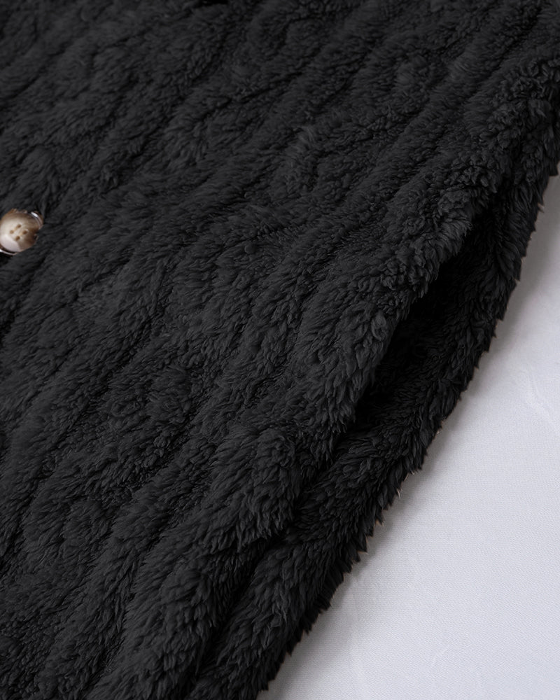 Cable Textured Lapel Neck Button Front Pocket Design Thermal Teddy Coat