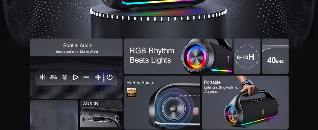 JYX D20 Portable Bluetooth Boombox Speaker with 3D Surround Sound, RGB Disco Lights, Deep Bass Boost