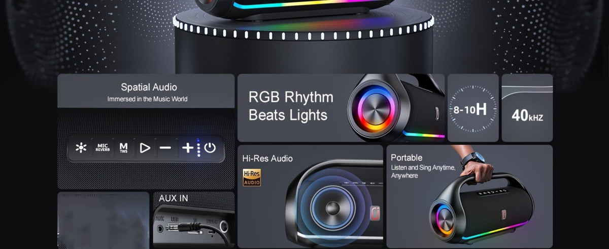 JYX D20 Portable Bluetooth Boombox Speaker with 3D Surround Sound, RGB Disco Lights, Deep Bass Boost