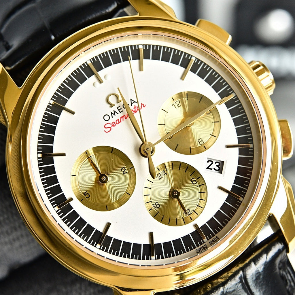 Omega Seamaster Chronograph – Yellow Gold White Dial Gold Sub-Dials Black Chapter Ring Red Script Leather Strap