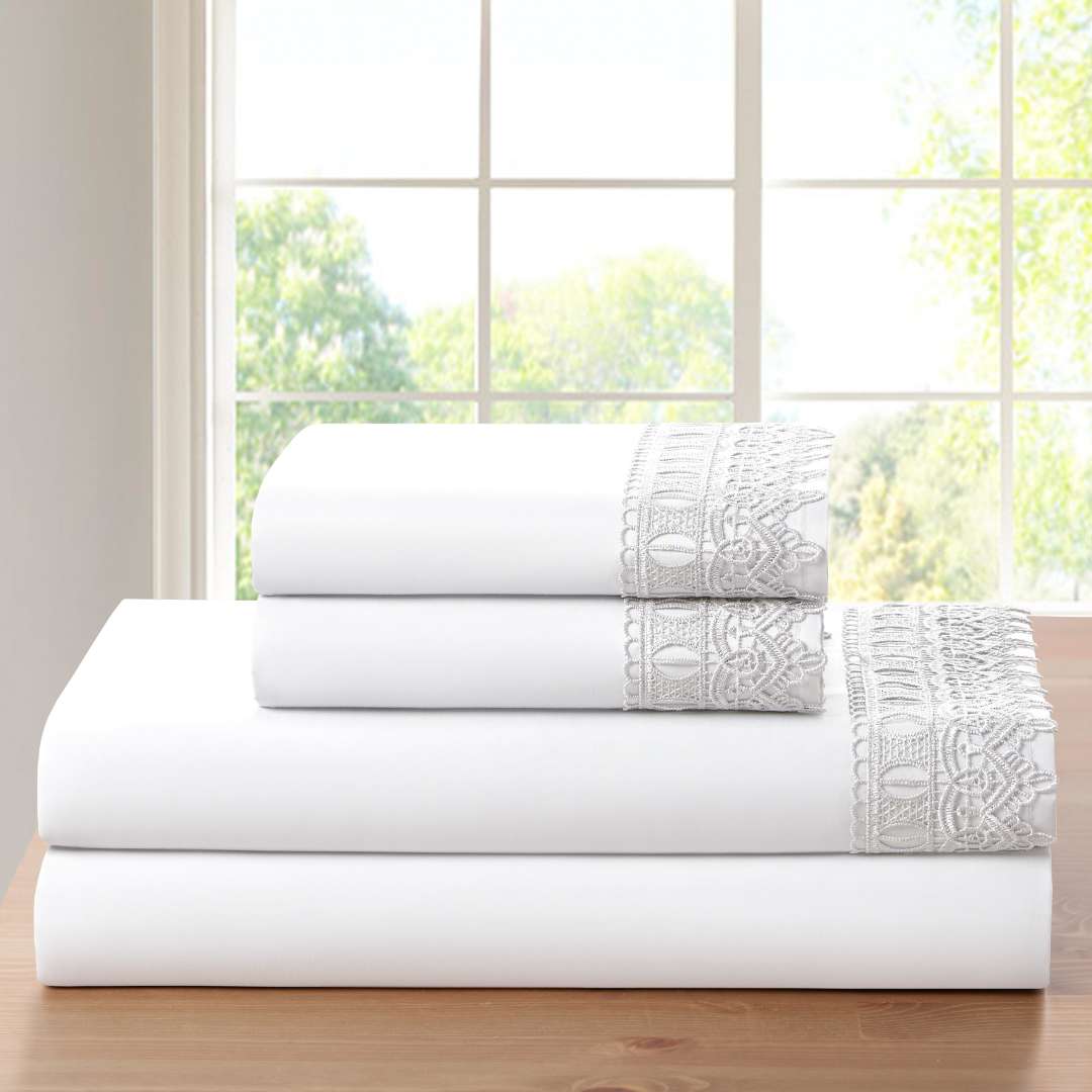 Bamboo Lace Crochet Embroidery 4 Piece Sheet Set