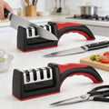 Four-Stage Manual Knife and Scissors Sharpener with Red Handle and Removable Sharpening Head