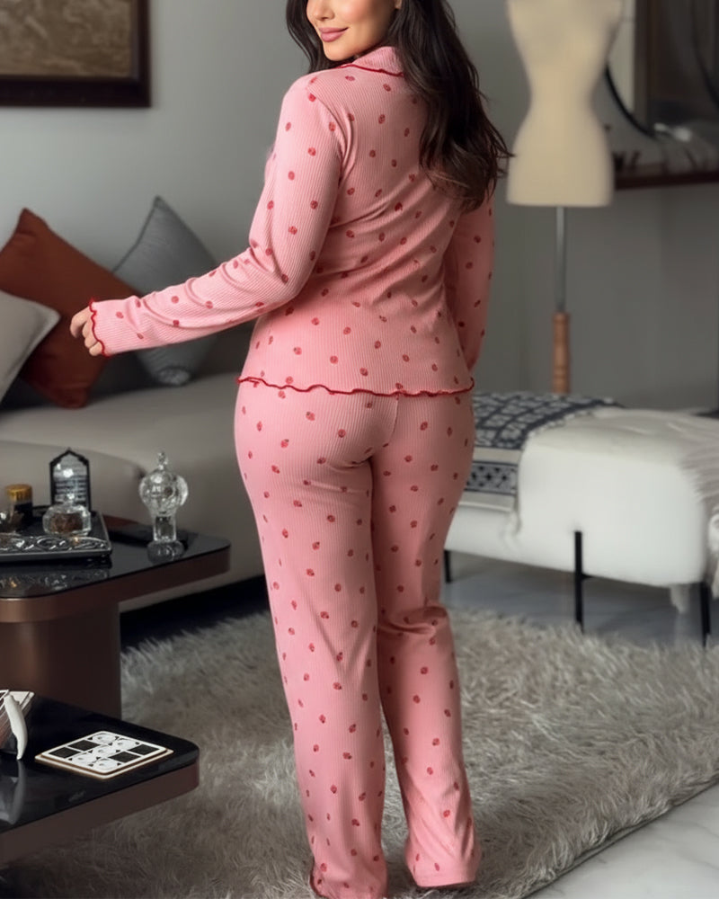 2 Pieces Outfit Bowknot Decor Turn-down Collar V-Neck Top and Elastic Waist Slit Hem Pants Set Casual Strawberry Print Frill Trim Ribbed Pajamas Set