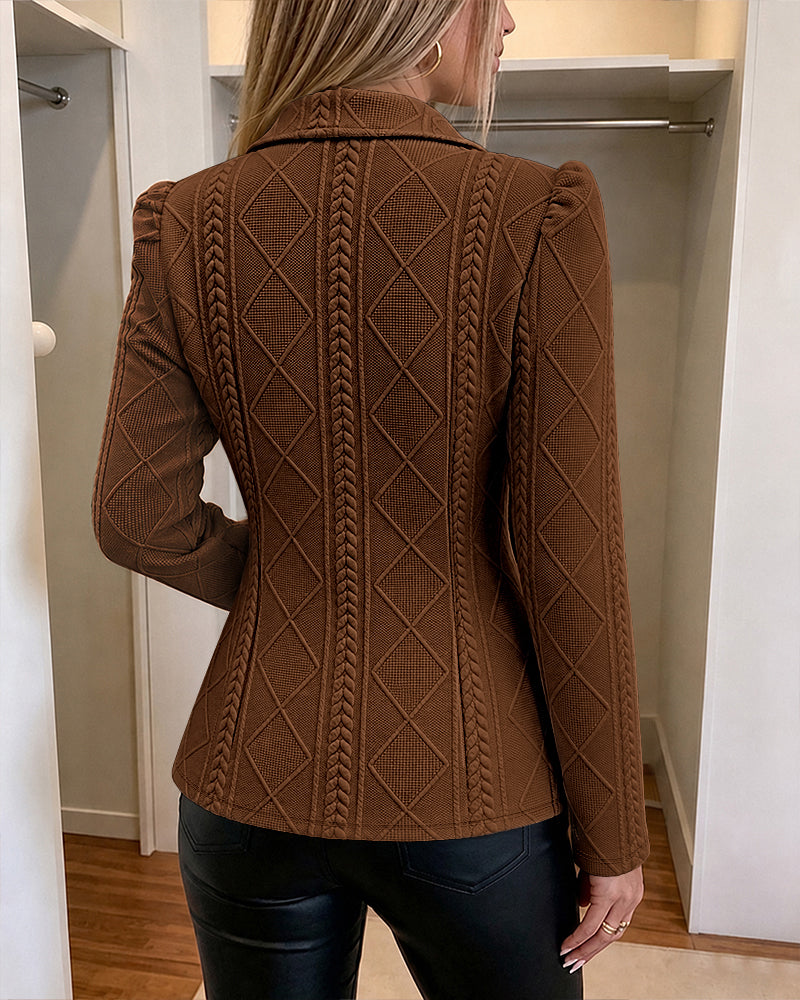 Women's Elegant Argyle Textured Blazer Slim Fit Puff Sleeve Suit Jacket Gold Button Work Office Commuter Blazer with Pockets