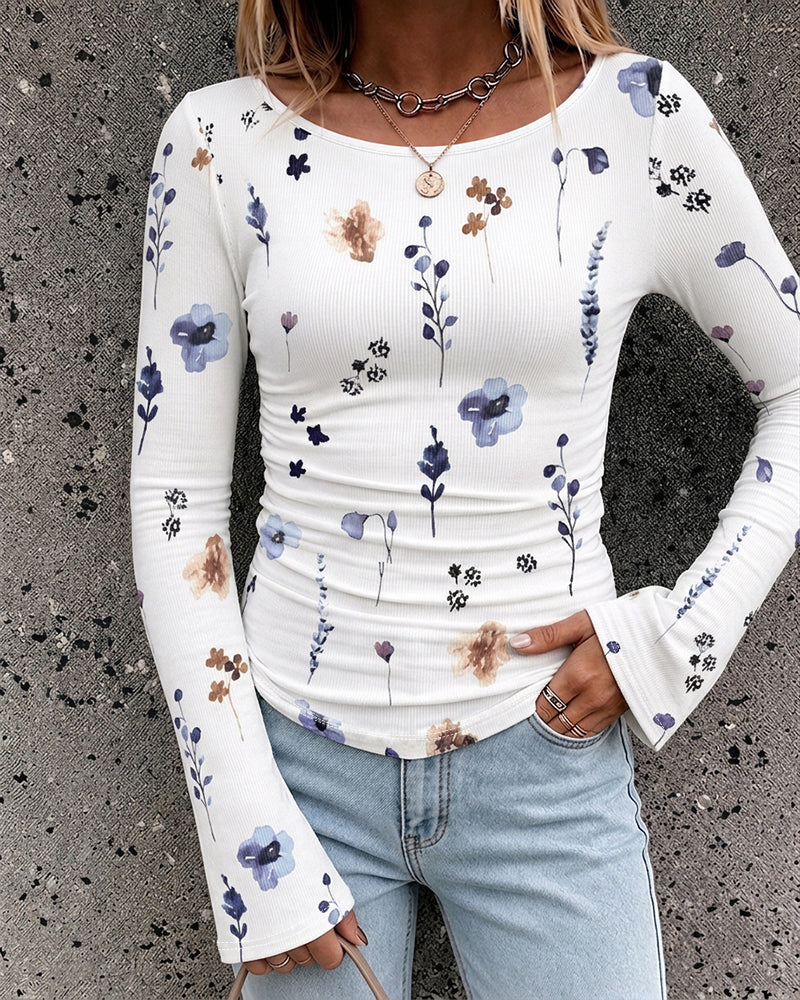 Women's Floral Print Boat Neck Flare Sleeve Ruched Top Slim Fit Ribbed Tee