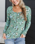 Women's Ditsy Floral Print Henley Neck Long Sleeve Ribbed Top