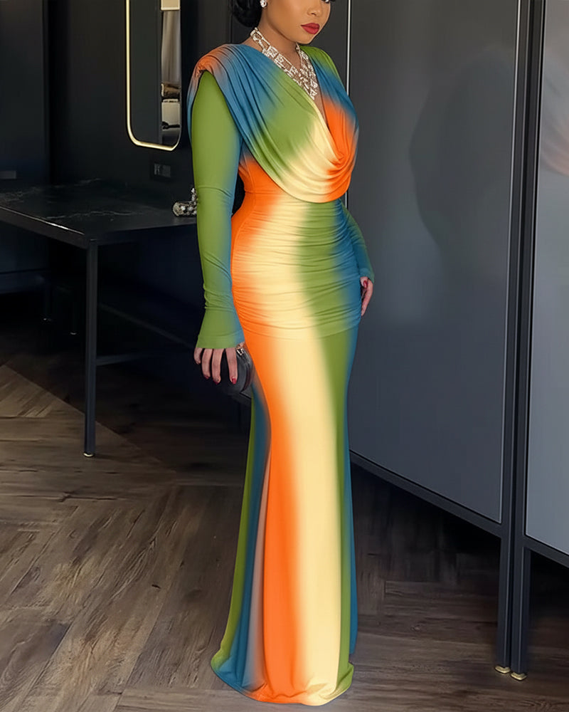 Abendkleid mit Batikmuster, Wasserfallausschnitt, langen Ärmeln, rückenfreiem Design, figurbetontem Schnitt, Reißverschluss am Rücken und gerafftem Meerjungfrauensaum