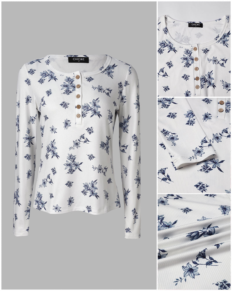 Women's Ditsy Floral Henley Neck Ribbed Long Sleeve Slim Fit Top