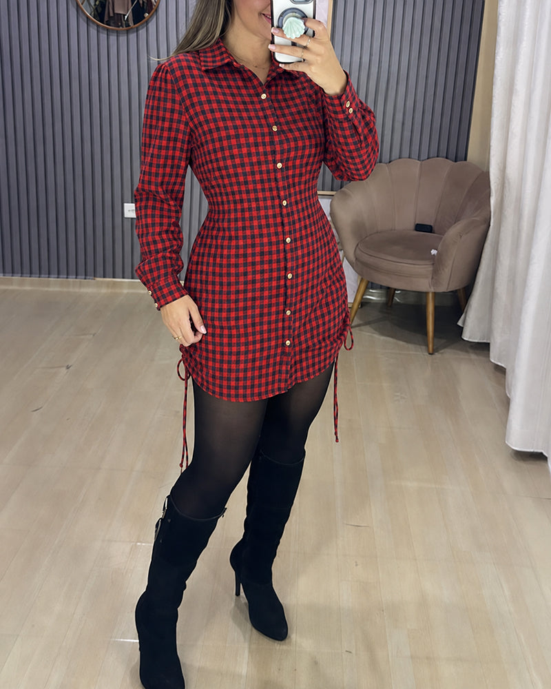Damen Vintage Kariertes Freizeitkleid mit Kordelzug, langen Ärmeln, gerafftem Schnitt und durchgehender Knopfleiste