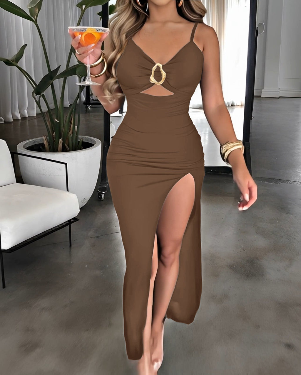 Metal Ring Decor V-Neck Adjustable Spaghetti Straps Bodycon Dress High Slit Hollow-out Evening Dress