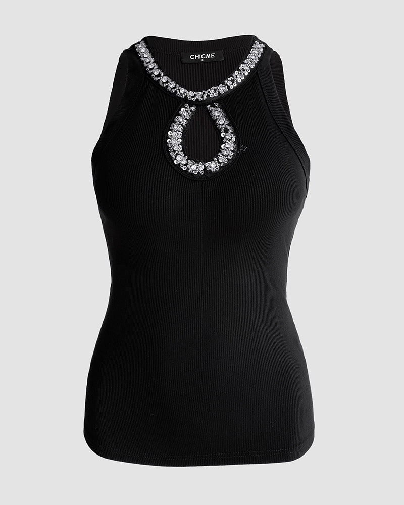 Rhinestone Contrast Sequin Keyhole Neck Sleeveless Slim Fit Elasticity Ribbed Top Elegant Tank