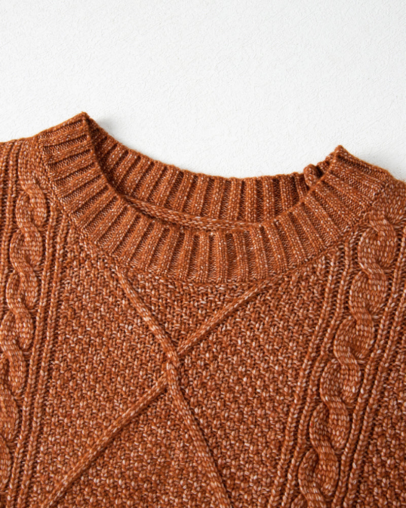 Round Neck Long Sleeve Drop Shoulder Pullover Sweater Casual Loose Fit Cable Knit Mid-length Sweater