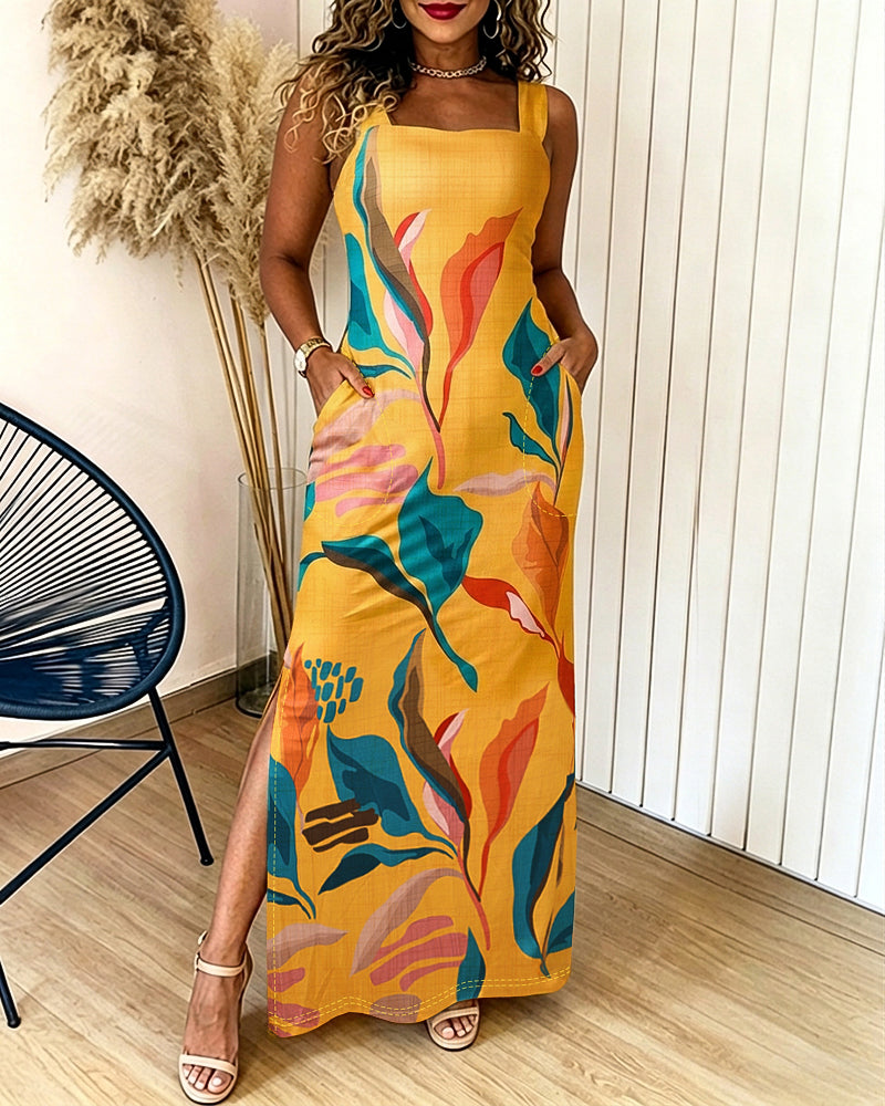 Maxikleid mit Pflanzenmuster, eckigem Ausschnitt, breiten Trägern, Seitenschlitz und Taschen, lässiges Urlaubskleid