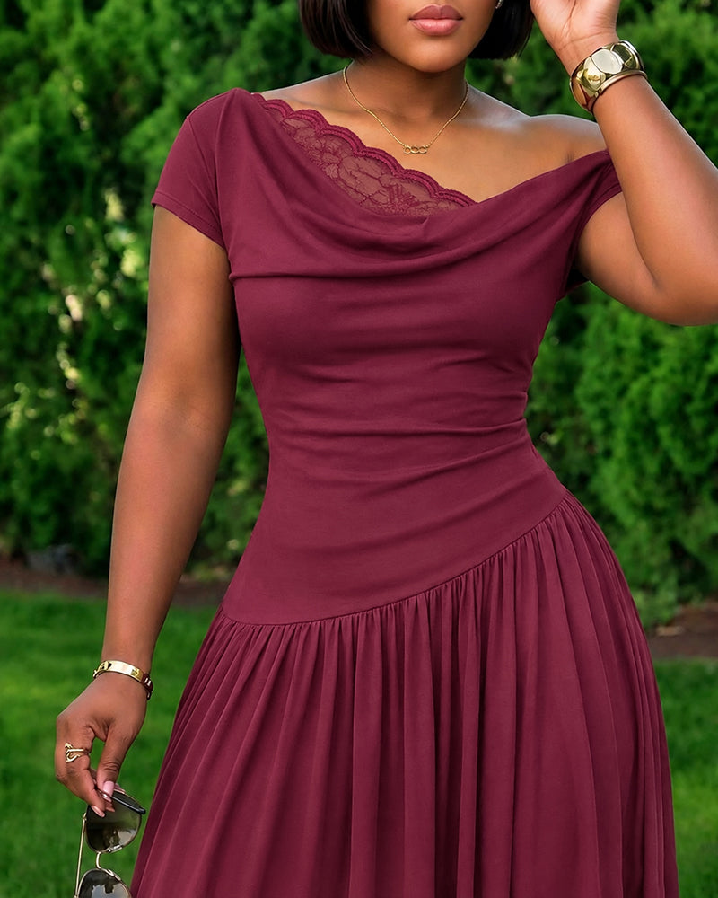 Women's Cowl Neck Lace Spliced Maxi Dress Skew Neck Ruched A Line Dress