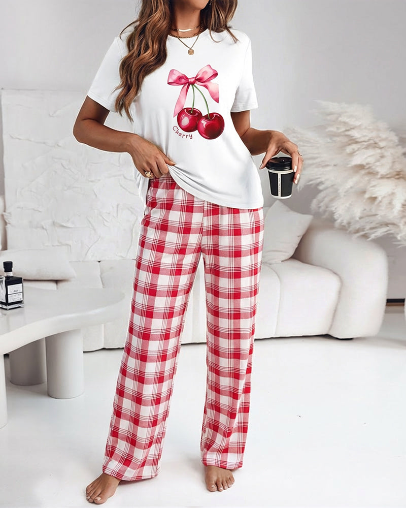 2 Pieces Outfit Cherry & Bowknot Print Short Sleeve Top and Plaid Print Elastic Waist Pants Set Casual Pajamas Set