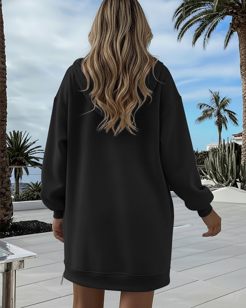 Long Sleeve Kangaroo Pocket Design Zipper Side Pullover Sweatshirt Casual Faux Two Piece Side Slit Longline Drawstring Hoodie Top