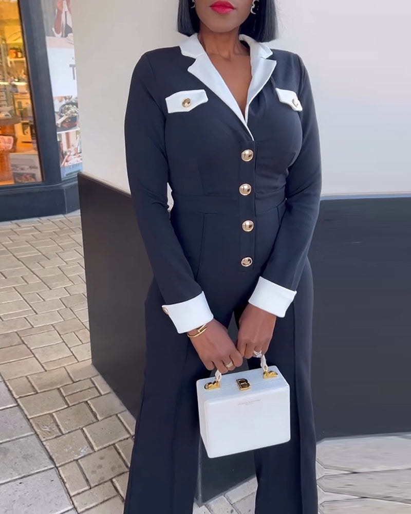 Colorblock Notched Collar Long Sleeve Golden Button Front Overalls Slim Fit Seam Front Wide Leg Commuting Jumpsuit