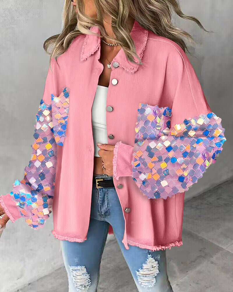 Contrast Sequin Long Sleeve Jacket Top Button Front Raw Hem Loose Fit Shacket