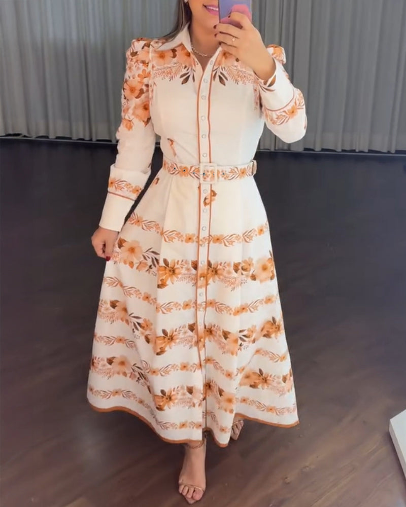 Blumenkleid mit Umlegekragen, Puffärmeln, Gürtel und Innenfutter, lässiges Hemdblusenkleid für den Urlaub