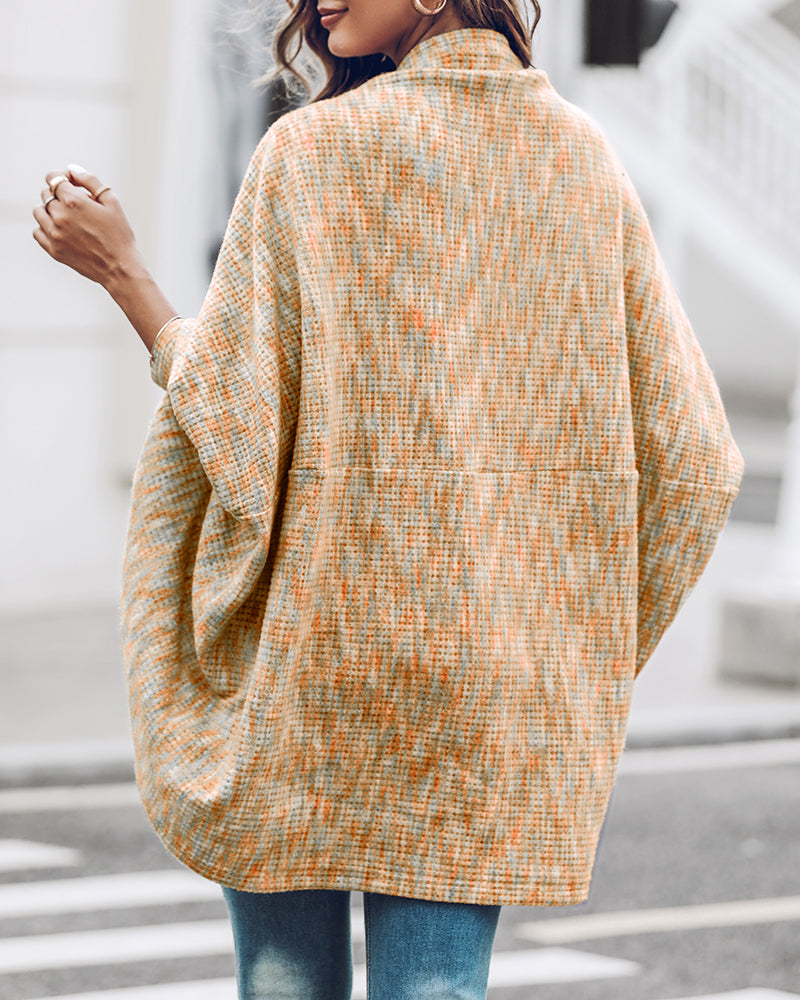 Colorful Waffle Knit Open Front Coat Batwing Long Sleeve Cardigan