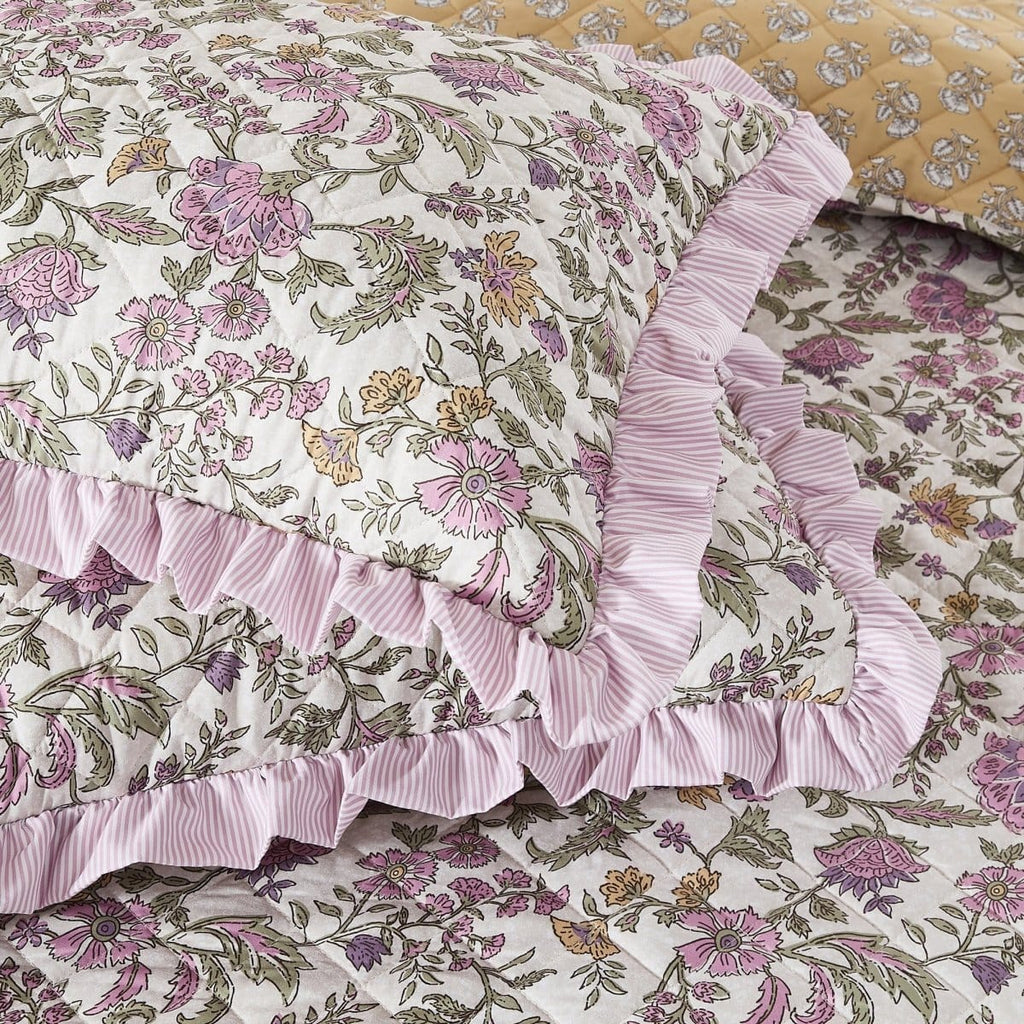 Lola Block Print Ruffle Reversible Floral Quilt Set